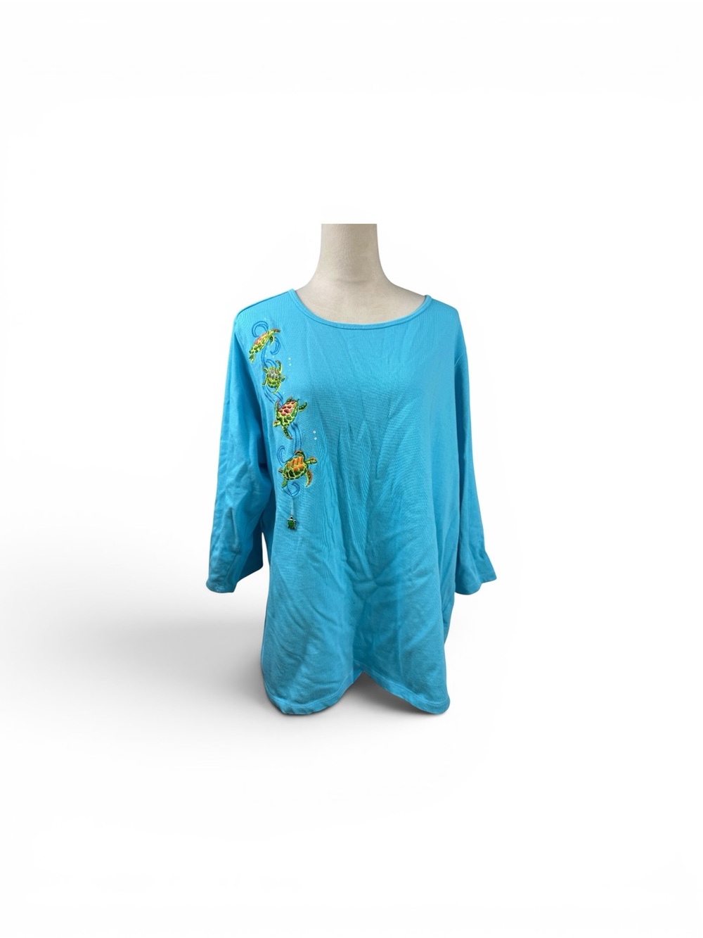 Quacker Factory Turquoise Scoop-Neck Tunic with embroidered turtles size 2X